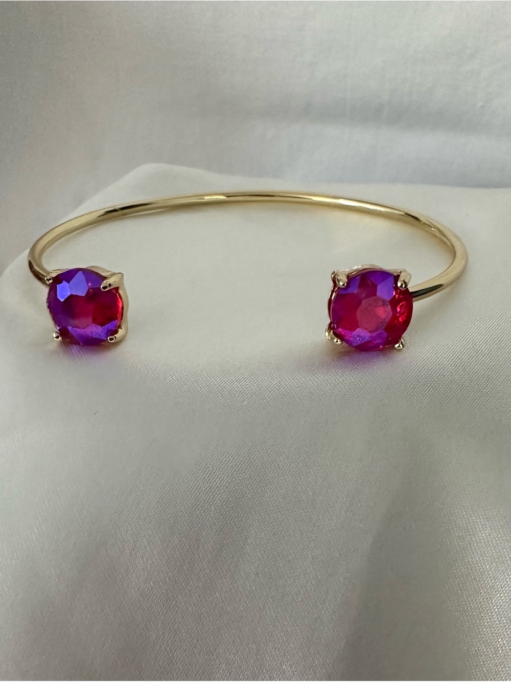 Gold Open Cuff Bracelet with Fuchsia Pink Gemstone Ends